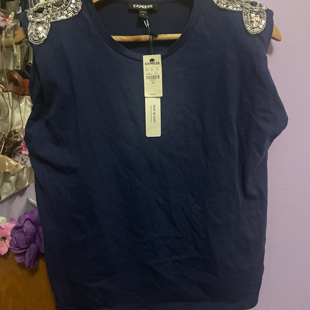 Express Navy Sequined Shoulder Pad Top.  XS